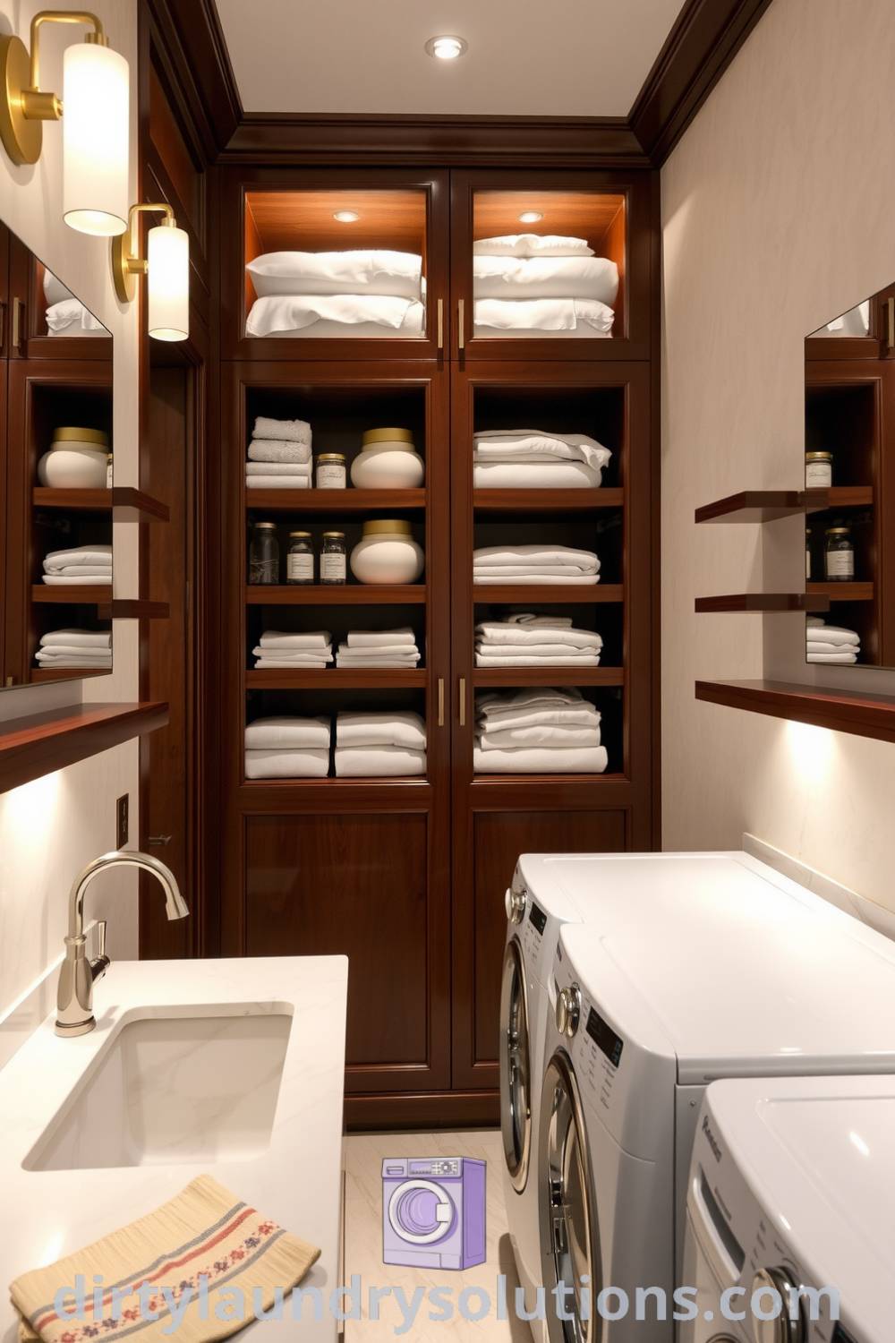 Elegant laundry hallway with smooth marble countertops, brushed metal fixtures, ambient lighting, and organized shelves, creating a serene and sophisticated space that transforms laundry tasks into moments of tranquility. Discover more inspiring ideas for your home at dirtylaundrysolutions.com.