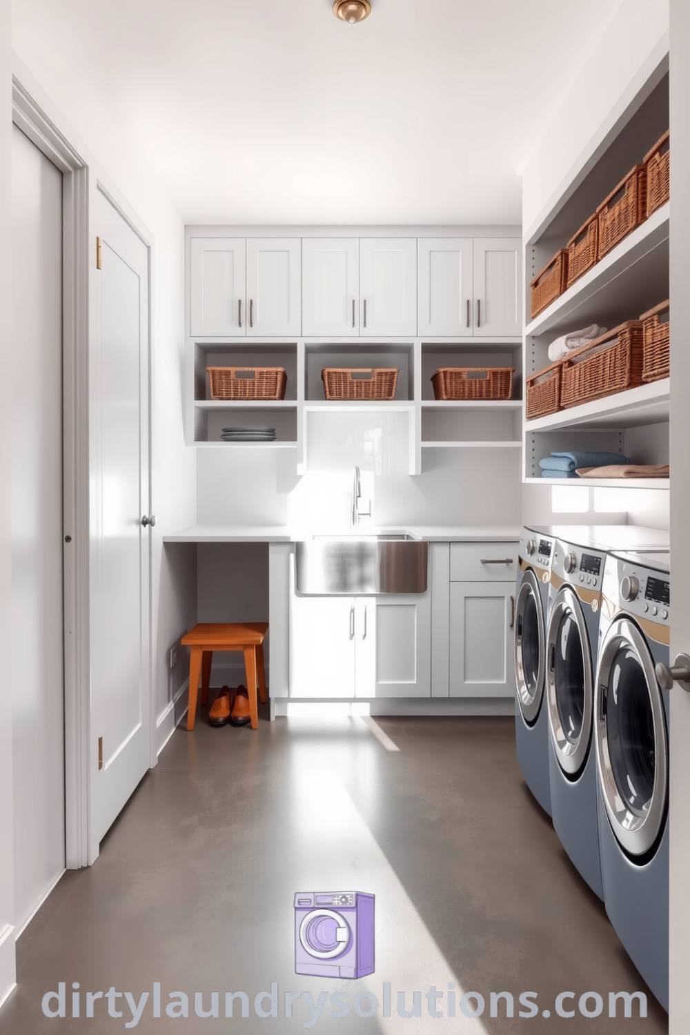 Minimalist mudroom laundry featuring white cabinetry, smooth concrete floor, stainless steel sink, organized woven baskets, and a cozy wooden bench, promoting simplicity and warmth. Explore inspiring ideas for small spaces at dirtylaundrysolutions.com.