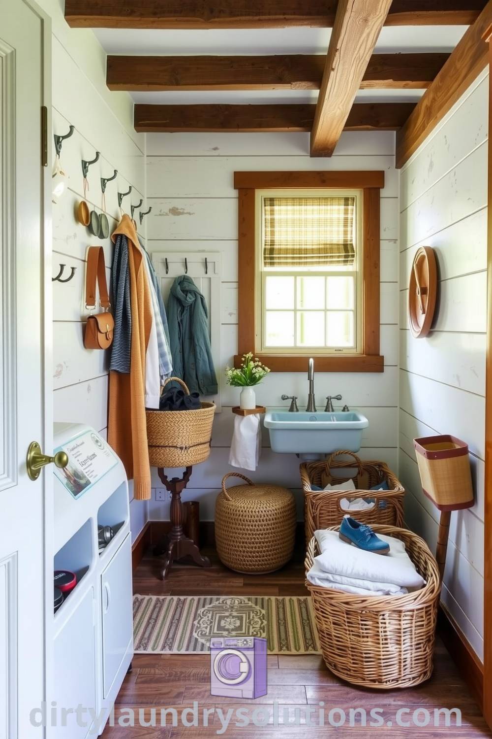 Rustic farmhouse laundry room featuring exposed beams, shiplap walls, cozy wooden bench, vintage sink, and woven baskets for organization, creating an inviting atmosphere ideal for busy homes. Explore unique ideas for your home at dirtylaundrysolutions.com.