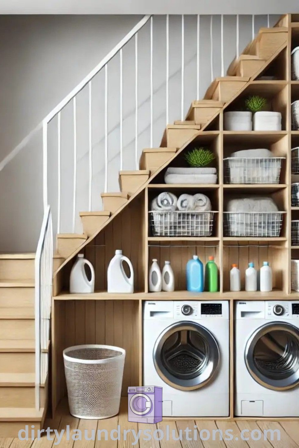 A washer and dryer under stairs next to a laundry basket, showcasing a functional and organized space. Discover cozy ideas and unique inspirations for under stair laundry designs at dirtylaundrysolutions.com.