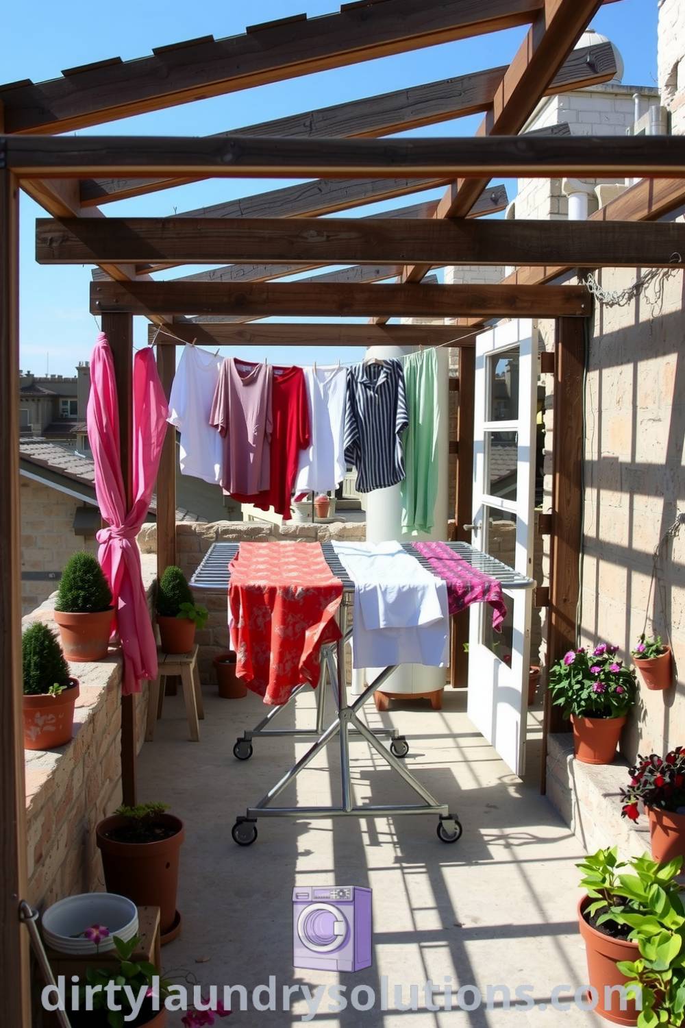 Cozy rooftop laundry area featuring vibrant textiles, rustic wooden beams, weathered stone walls, and potted plants, creating an inviting and serene atmosphere. Discover inspiring ideas for small spaces at dirtylaundrysolutions.com.