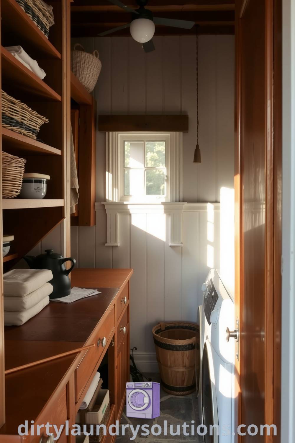 Cozy hidden laundry room featuring warm wood shelves with neatly arranged baskets, natural light spilling in, and a worn countertop, embodying inspiring ideas for small spaces and organization solutions at dirtylaundrysolutions.com.