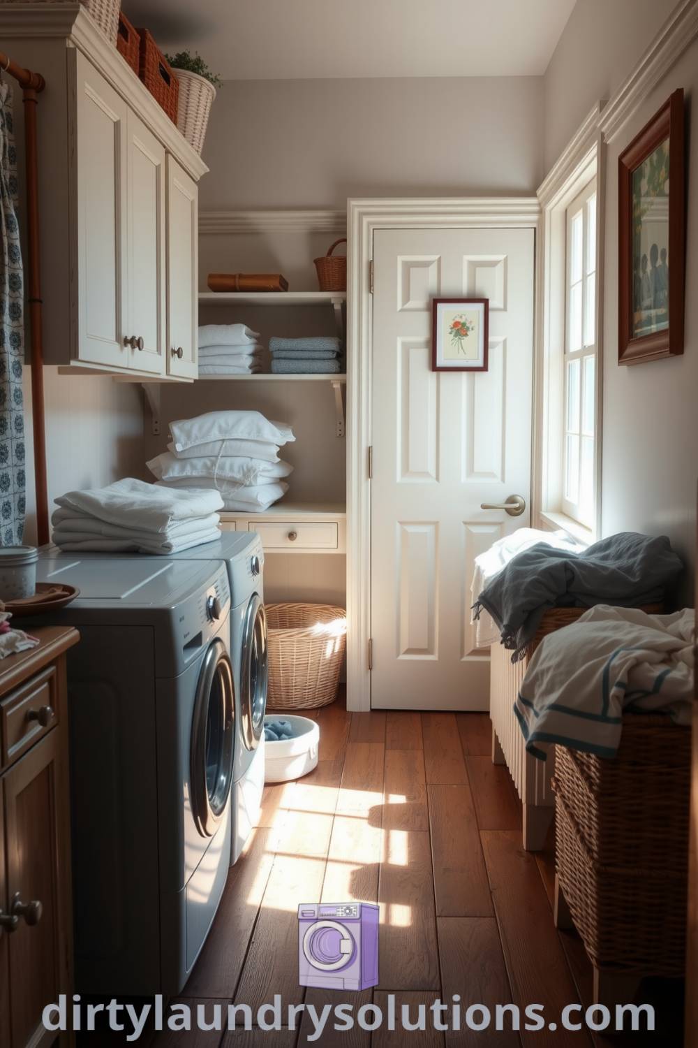 Cozy hallway laundry with vintage cabinets, warm wooden floors, and neatly organized linens, creating an inviting atmosphere filled with personal touches. Explore unique ideas for your home at dirtylaundrysolutions.com.