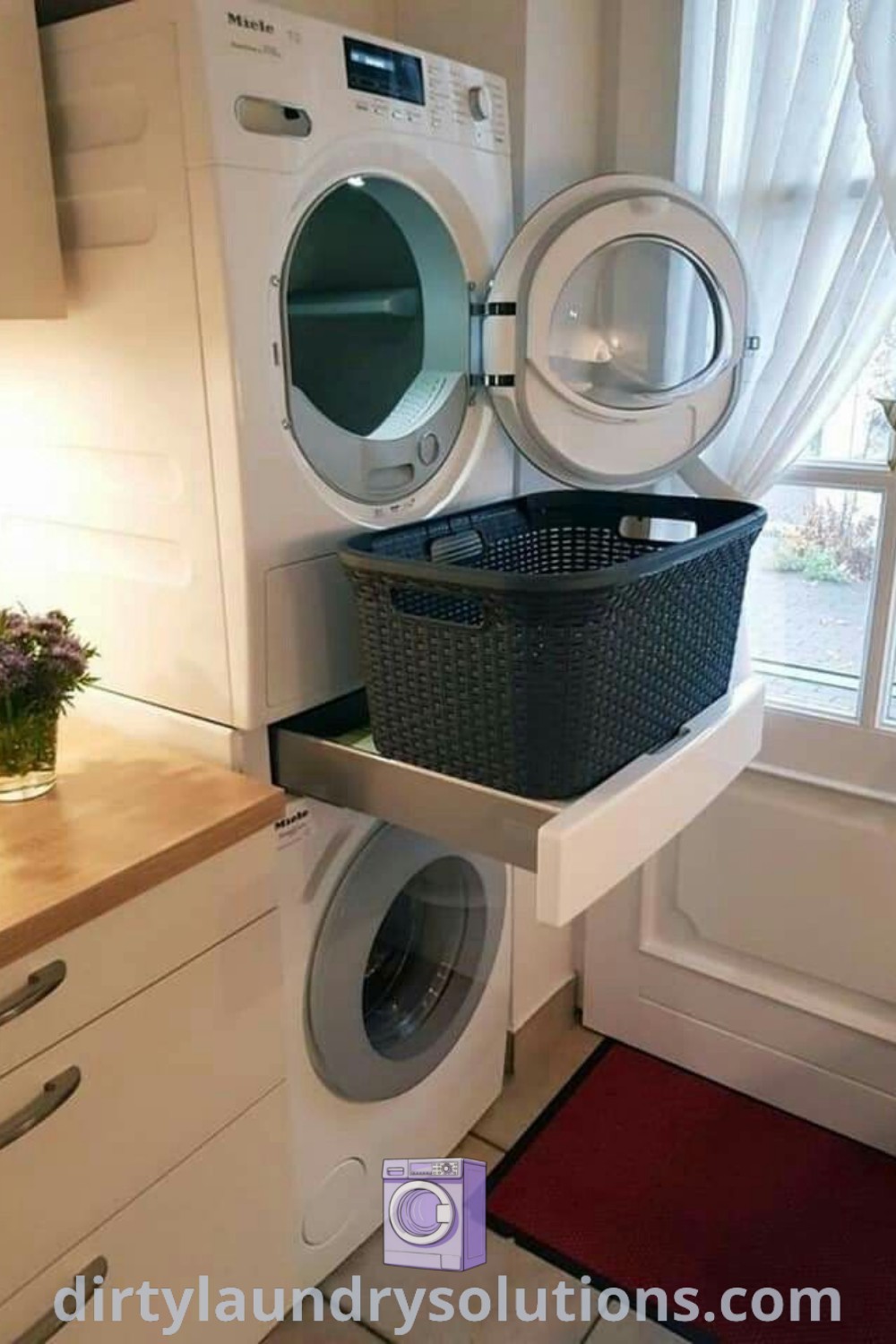 A cozy laundry room featuring a washer and dryer next to a window, showcasing modern laundry room designs and unique layout ideas. This space offers solutions for busy homes. Discover more inspiring laundry room ideas and organization tips at dirtylaundrysolutions.com.