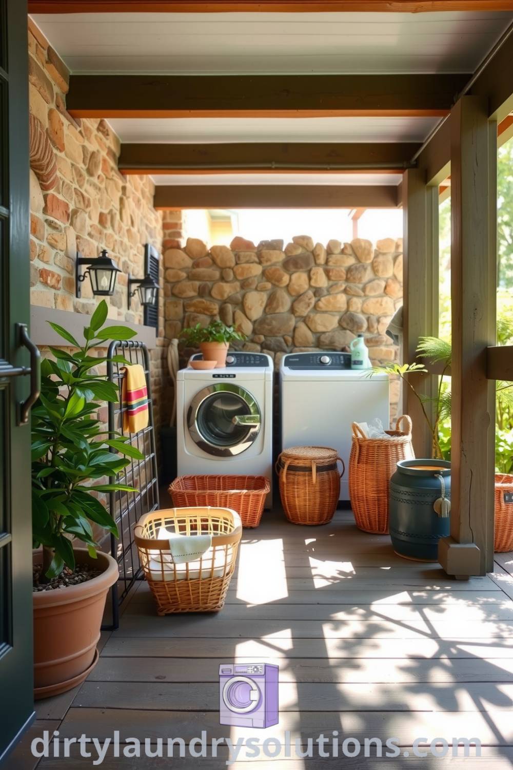 Cozy covered patio laundry space with sturdy washers and dryers against a rustic stone wall, sunlight filtering through beams, and potted plants adding greenery. Ideas for creating an inviting laundry area at home available on dirtylaundrysolutions.com.