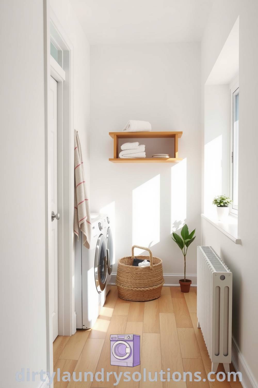 Cozy Scandinavian hallway laundry featuring white walls, sleek wooden shelves, woven basket with fresh linens, and a potted plant, blending minimalist design with warm atmosphere. Discover more inspiring ideas for your home at dirtylaundrysolutions.com.