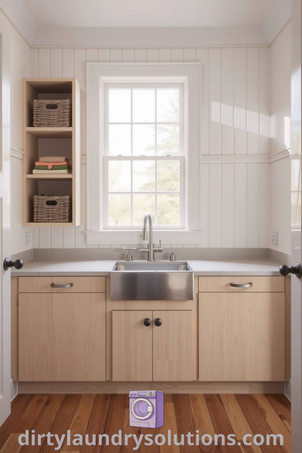 Minimalist mudroom laundry featuring pale wooden cabinetry, a sleek stainless steel sink, and woven baskets for organization, creating a cozy and practical atmosphere. Explore more inspiring ideas for your home at dirtylaundrysolutions.com.