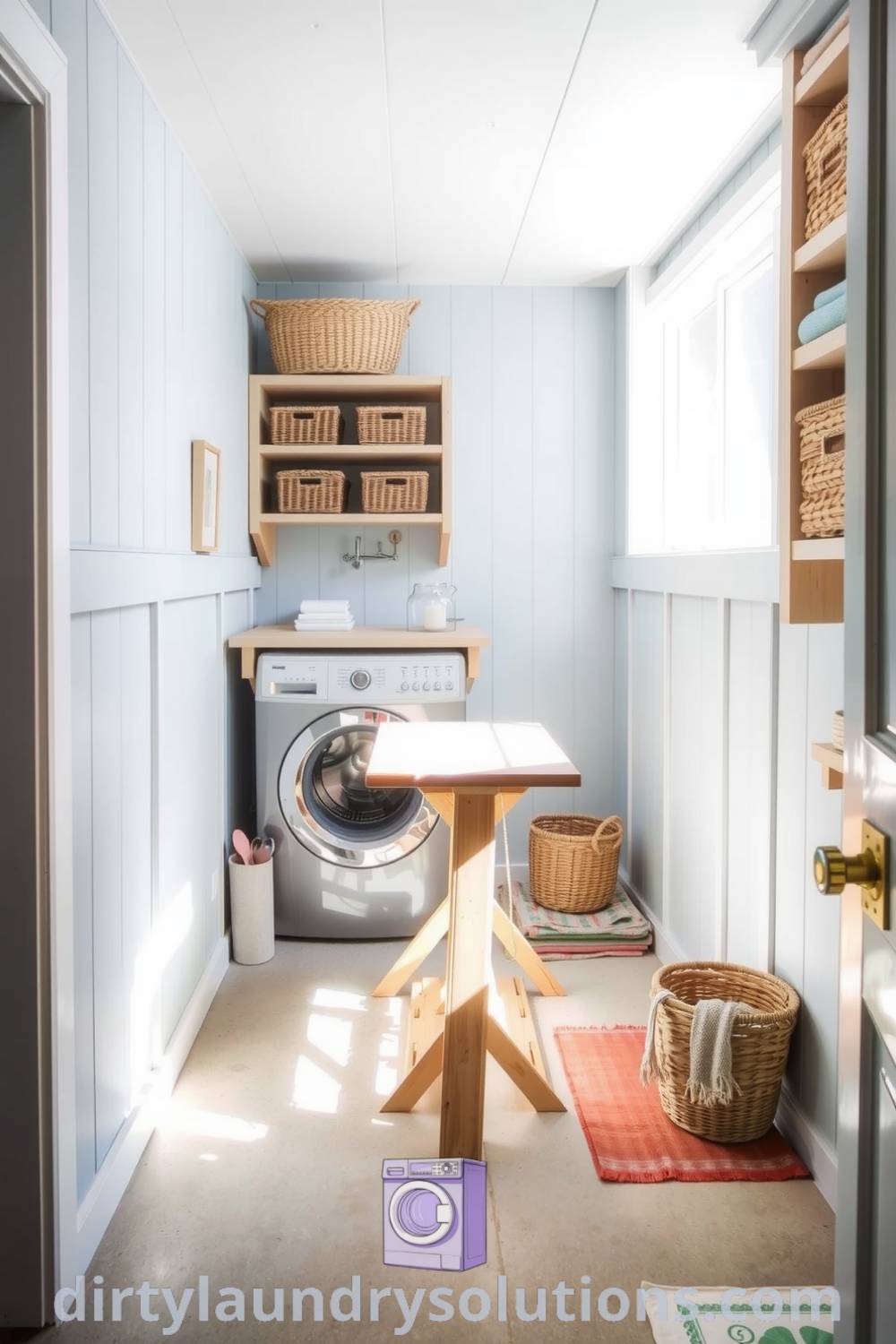 Cozy coastal basement laundry with weathered wood accents, reclaimed timber folding table, and woven baskets enhancing organization and charm, creating a tranquil atmosphere. Discover more inspiring ideas for your home at dirtylaundrysolutions.com.