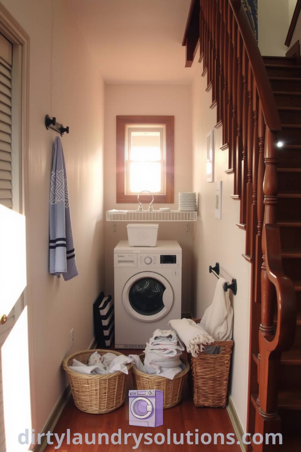 Cozy laundry room with washer and dryer, warm wooden floors, neatly folded laundry baskets, and soft golden light streaming through a window, offering inspiring and practical ideas for small spaces. Discover more unique ideas and organization tips for your home at dirtylaundrysolutions.com.