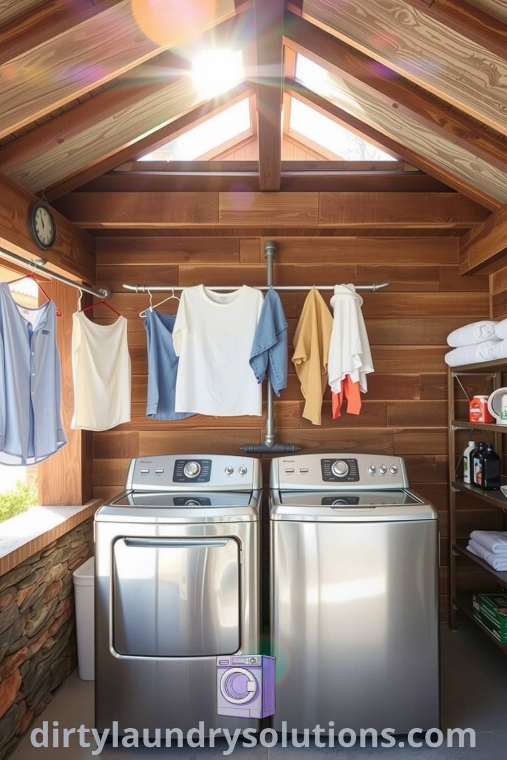 Covered patio laundry area featuring weathered wooden beams, stone accents, modern washers and dryers, and neatly hung laundry. This design infuses a cozy aesthetic and practical solutions for busy homes, inspiring ideas for your home at dirtylaundrysolutions.com.
