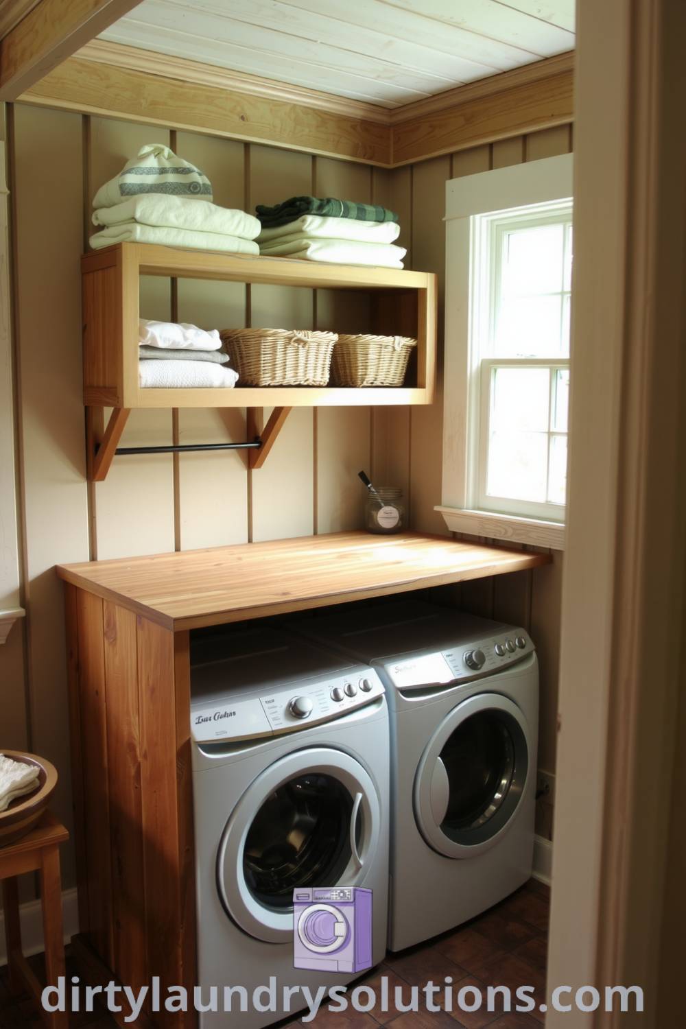 Cozy farmhouse laundry area featuring a rustic wood countertop, well-worn washer and dryer, organized open shelving with linens, and natural light creating a warm atmosphere. Discover more ideas for your home at dirtylaundrysolutions.com.