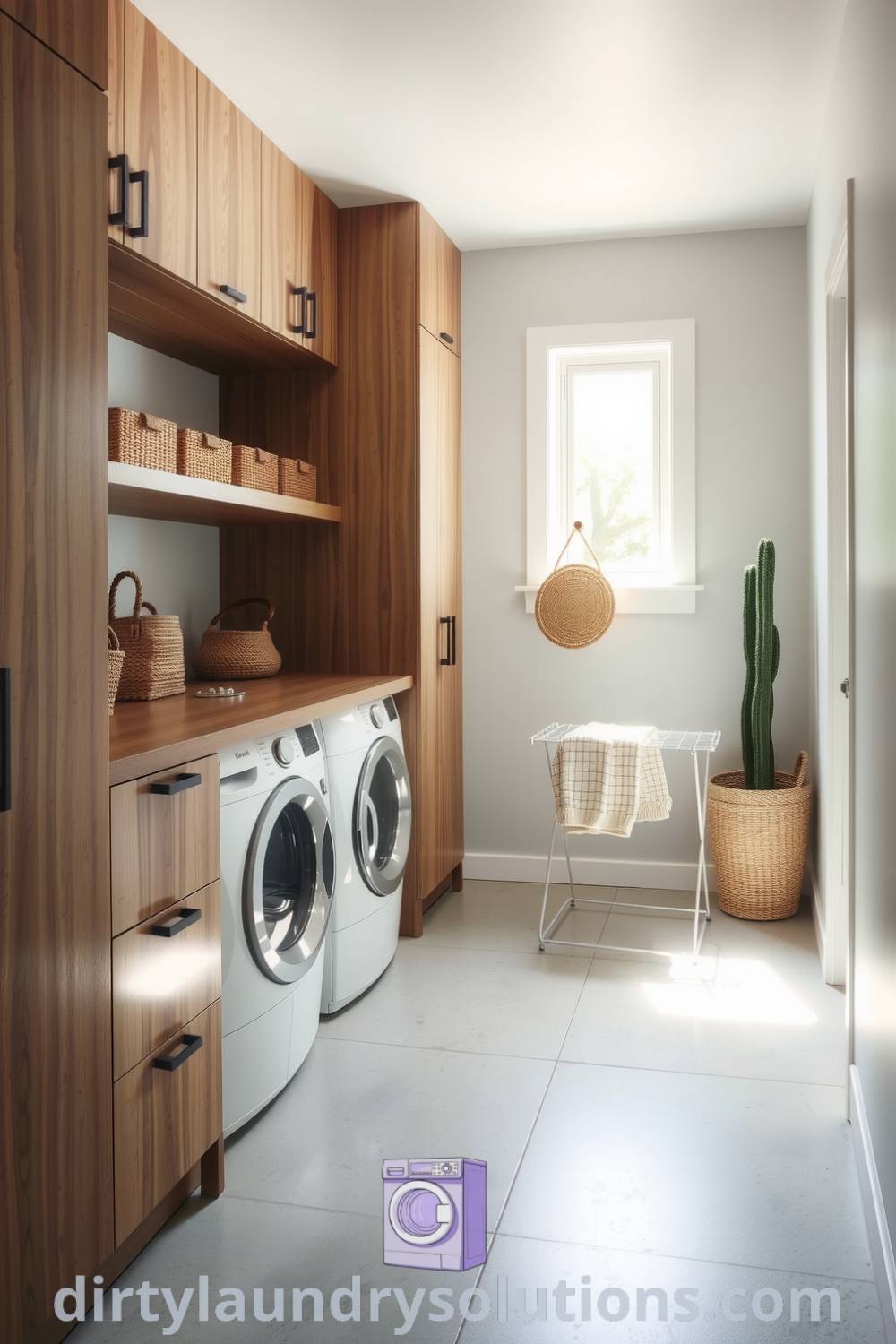Minimalist mudroom laundry featuring clean lines, smooth concrete floors, sleek wooden cabinetry, and soft daylight from a small window. Explore unique ideas and inspirations for your home at dirtylaundrysolutions.com.