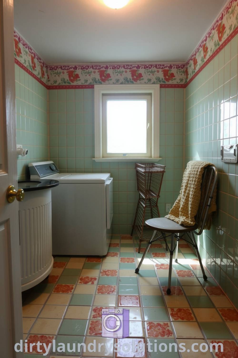 Cozy basement laundry space with light green tiles, vintage washing machine, wooden drying rack, and a chunky knit blanket, creating an inviting atmosphere perfect for reflection and chores. Discover inspiring ideas for your home at dirtylaundrysolutions.com.