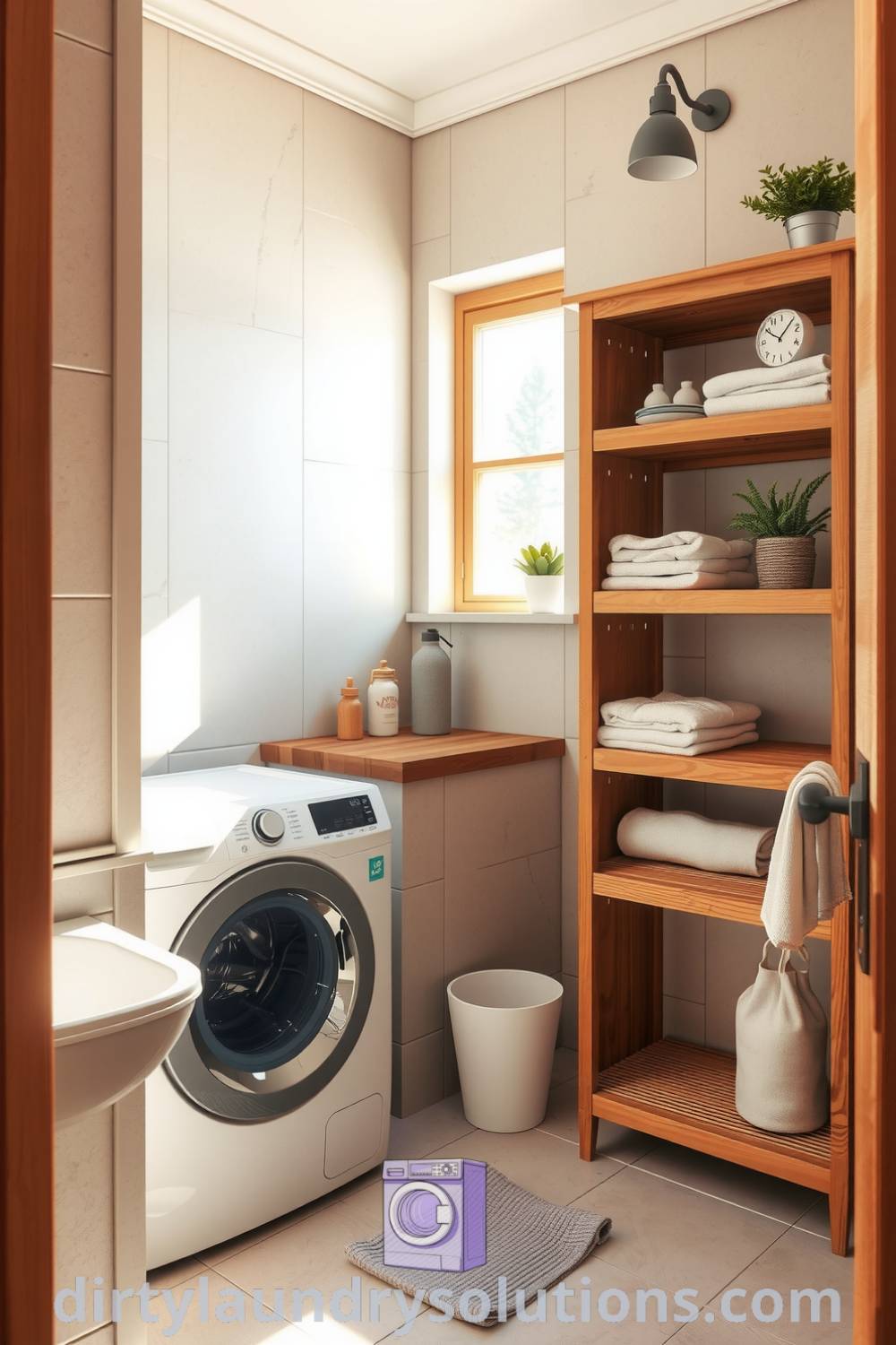 Cozy bathroom laundry area with muted tiles, wooden shelving, neatly folded towels, potted plants, and sunlight streaming through the window, creating an inviting atmosphere. Explore more unique ideas for your home at dirtylaundrysolutions.com.