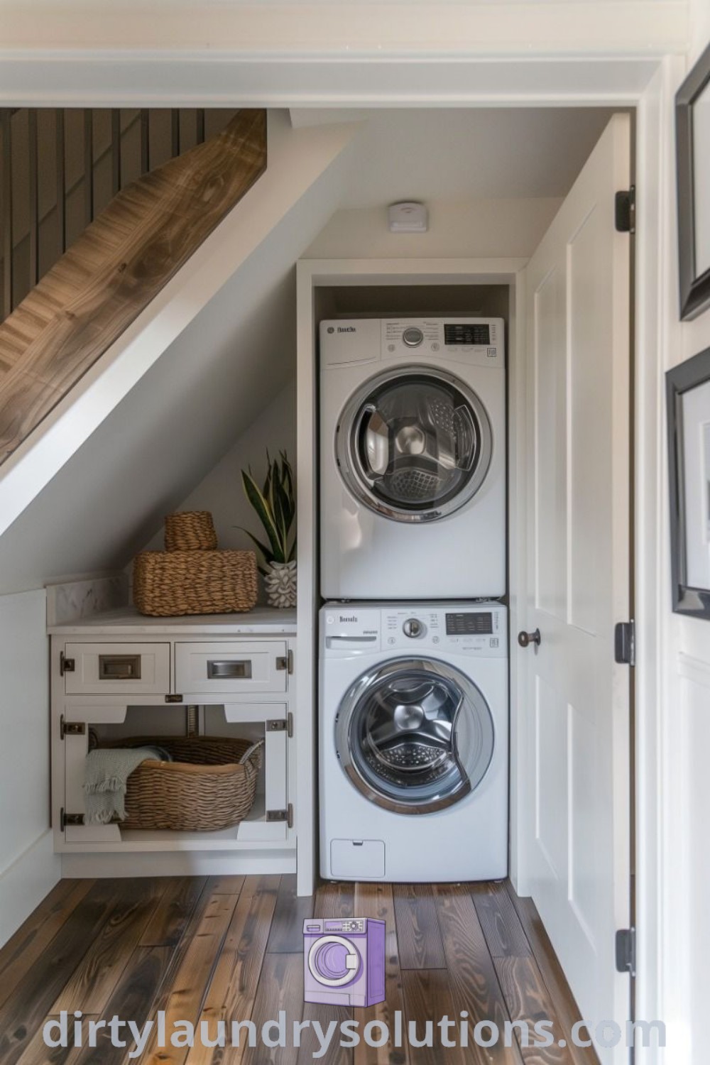 A small room under the stairs with a washer and dryer, highlighted by wood flooring, designed for optimal functionality. Explore under stairs laundry room ideas and solutions at dirtylaundrysolutions.com.