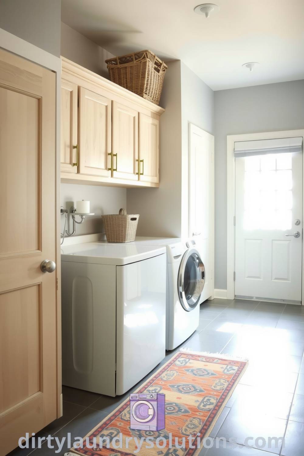 Transitional hallway laundry featuring pale wood cabinetry, soft gray walls, vintage rug, and organized baskets, creating a calm and efficient space. Discover inspiring ideas for your home at dirtylaundrysolutions.com.