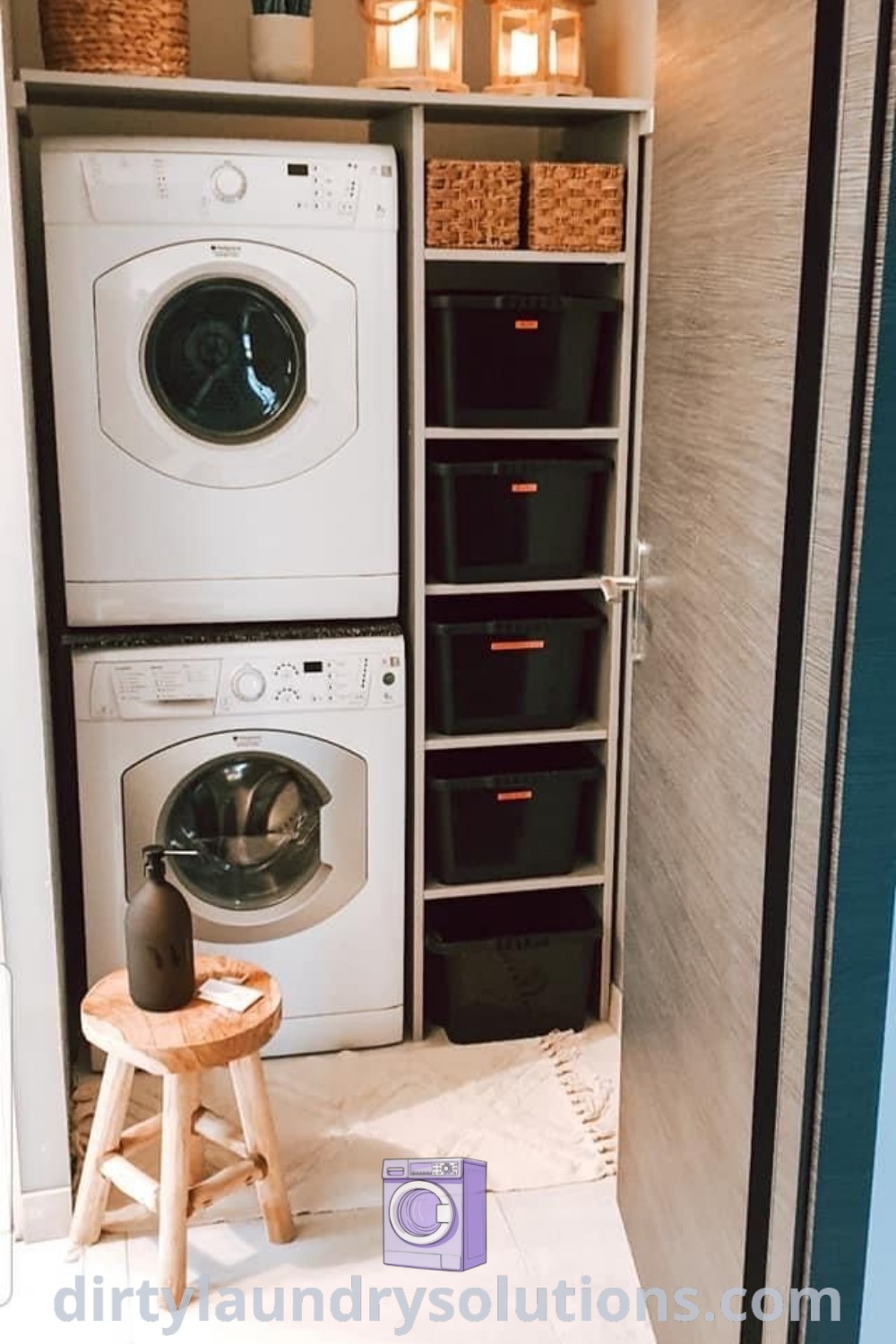 A compact room with a stacked washer and dryer next to each other, featuring shelves with baskets, exemplifying small utility room design ideas. Explore chic and functional laundry room layouts at dirtylaundrysolutions.com.
