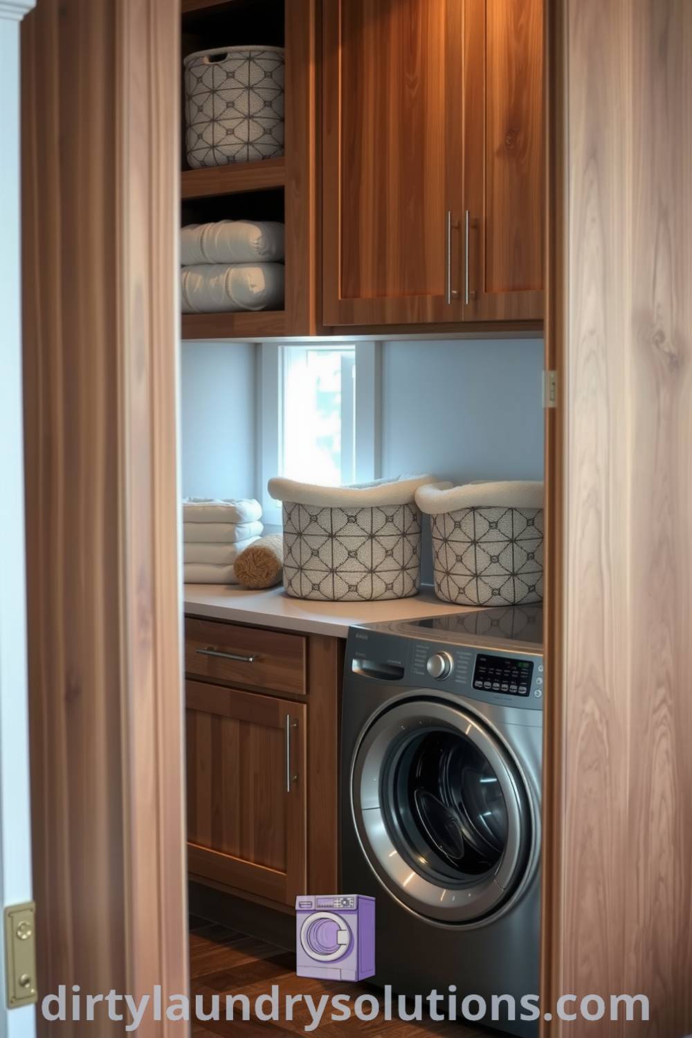 Cozy laundry nook with sleek stainless steel appliances, warm wood cabinetry, organized linens, and stylish baskets creating an inviting atmosphere. Explore unique ideas for your home at dirtylaundrysolutions.com.