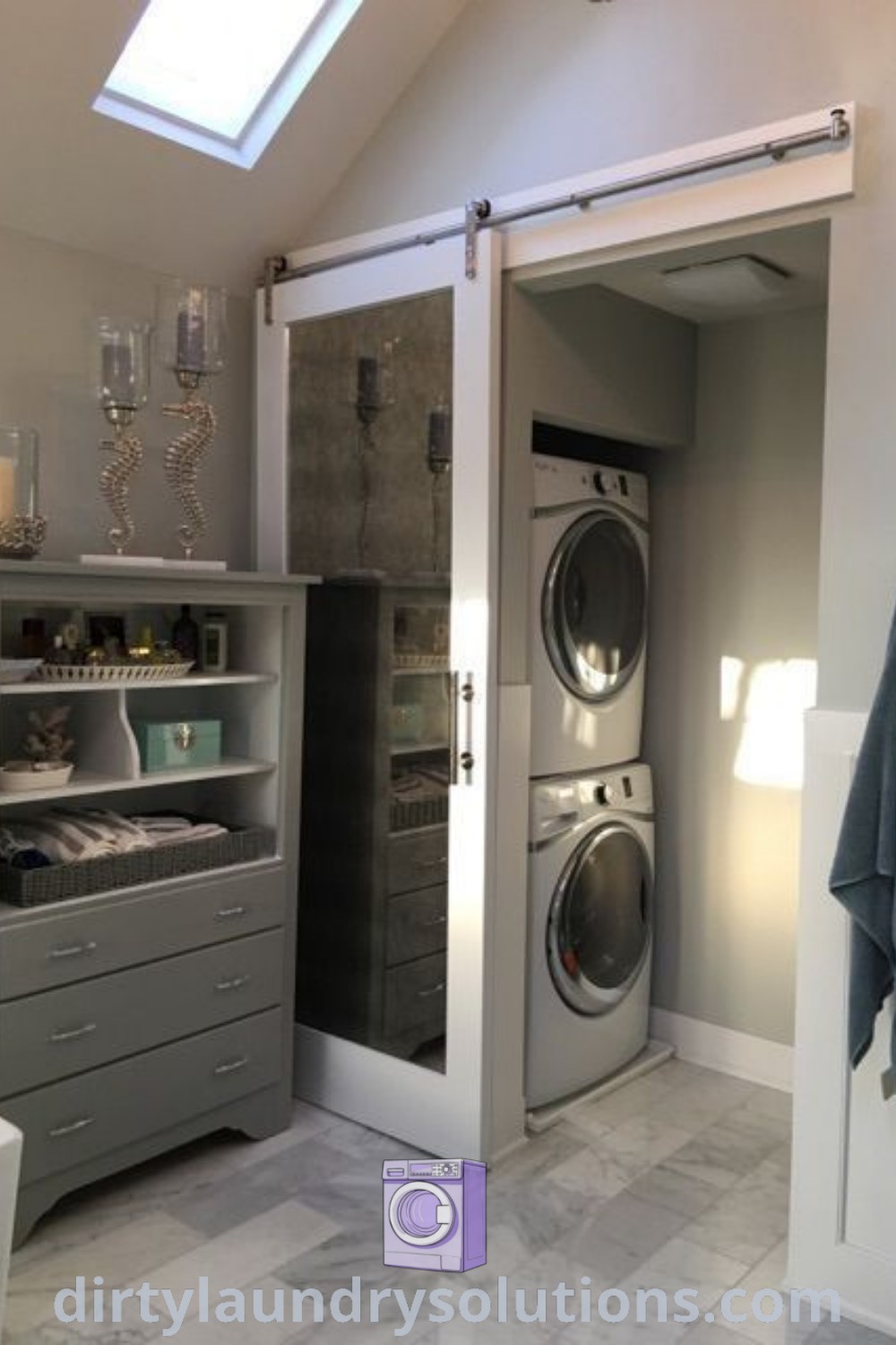 A vintage washer and dryer beside an open closet door in a cozy laundry room, showcasing smart organization ideas and tailored design inspirations for beautiful renovations. Explore laundry room solutions at dirtylaundrysolutions.com.