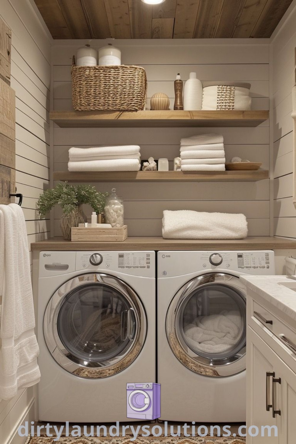 A washer and dryer in a small room with shelves on the wall above them, showcasing inspiring ideas for home organization and cozy decor. Discover modern home laundry room solutions at dirtylaundrysolutions.com.