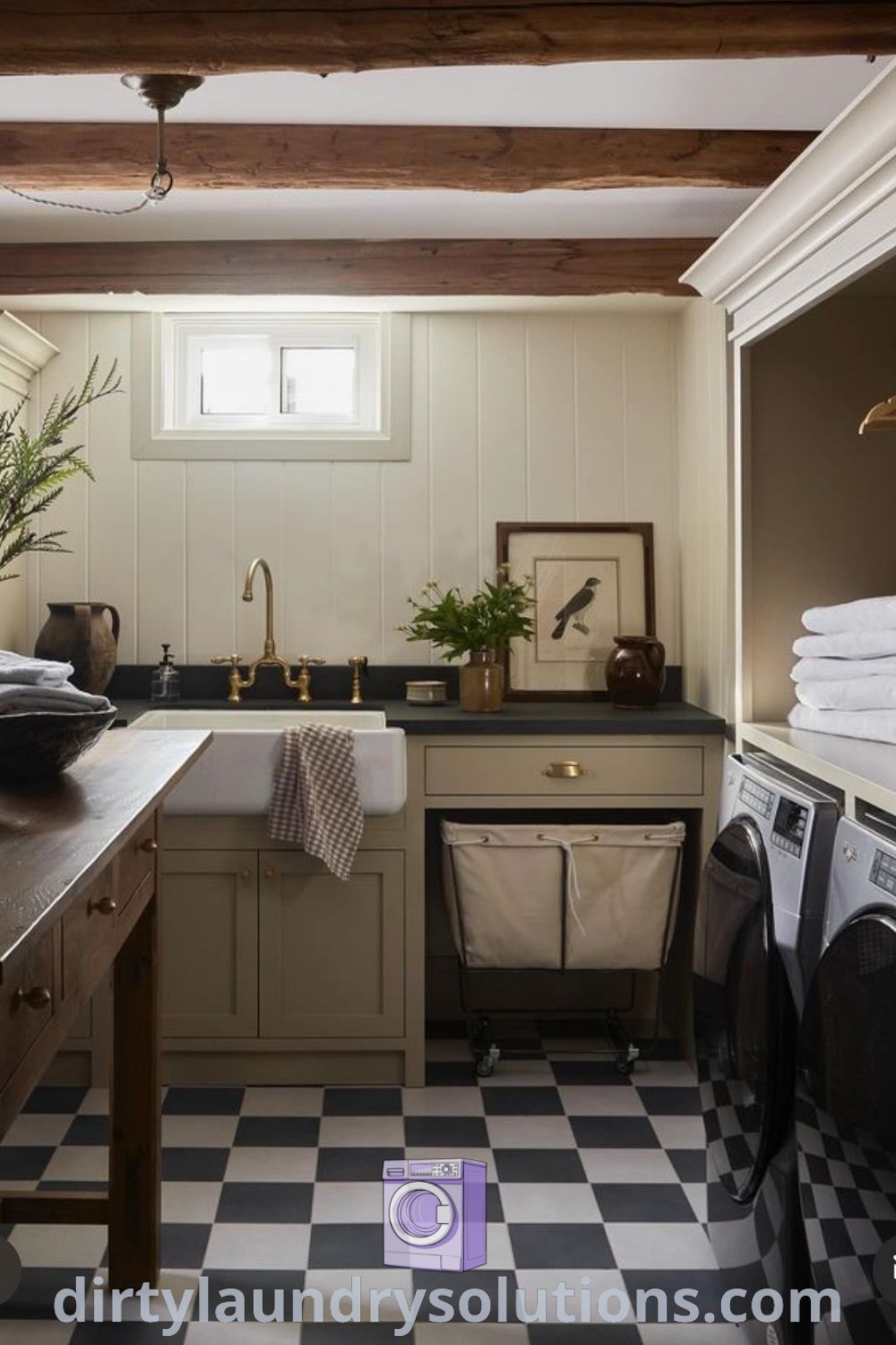 A black and white checkered floor in a Spanish Revival laundry room featuring a washer and dryer with a countertop, blending elements of English and French style for a cozy aesthetic. Explore unique solutions and ideas for your home at dirtylaundrysolutions.com.