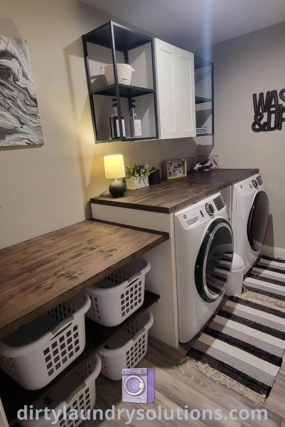 A cozy laundry room with a washer and dryer next to a counter adorned with baskets, highlighting laundry room ideas and organization solutions. Discover inspiring designs for small spaces at dirtylaundrysolutions.com.