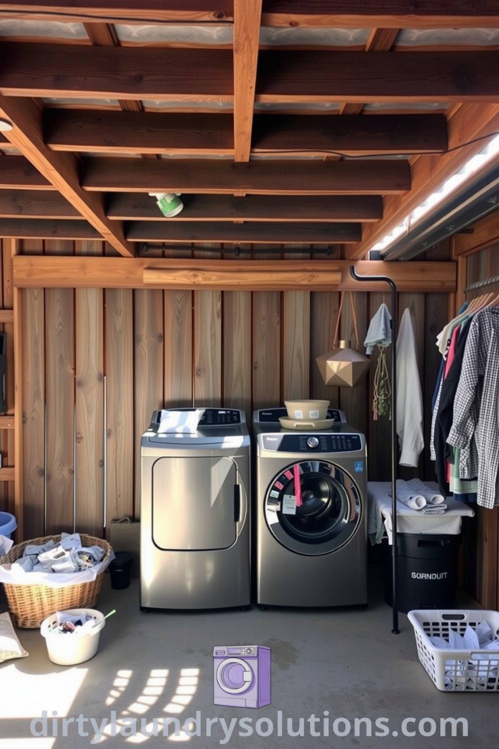 Cozy carport laundry featuring weathered wood beams, modern washer and dryer, scattered laundry baskets, and sunlight filtering through, creating a warm and inviting atmosphere. Discover unique ideas for your home at dirtylaundrysolutions.com.