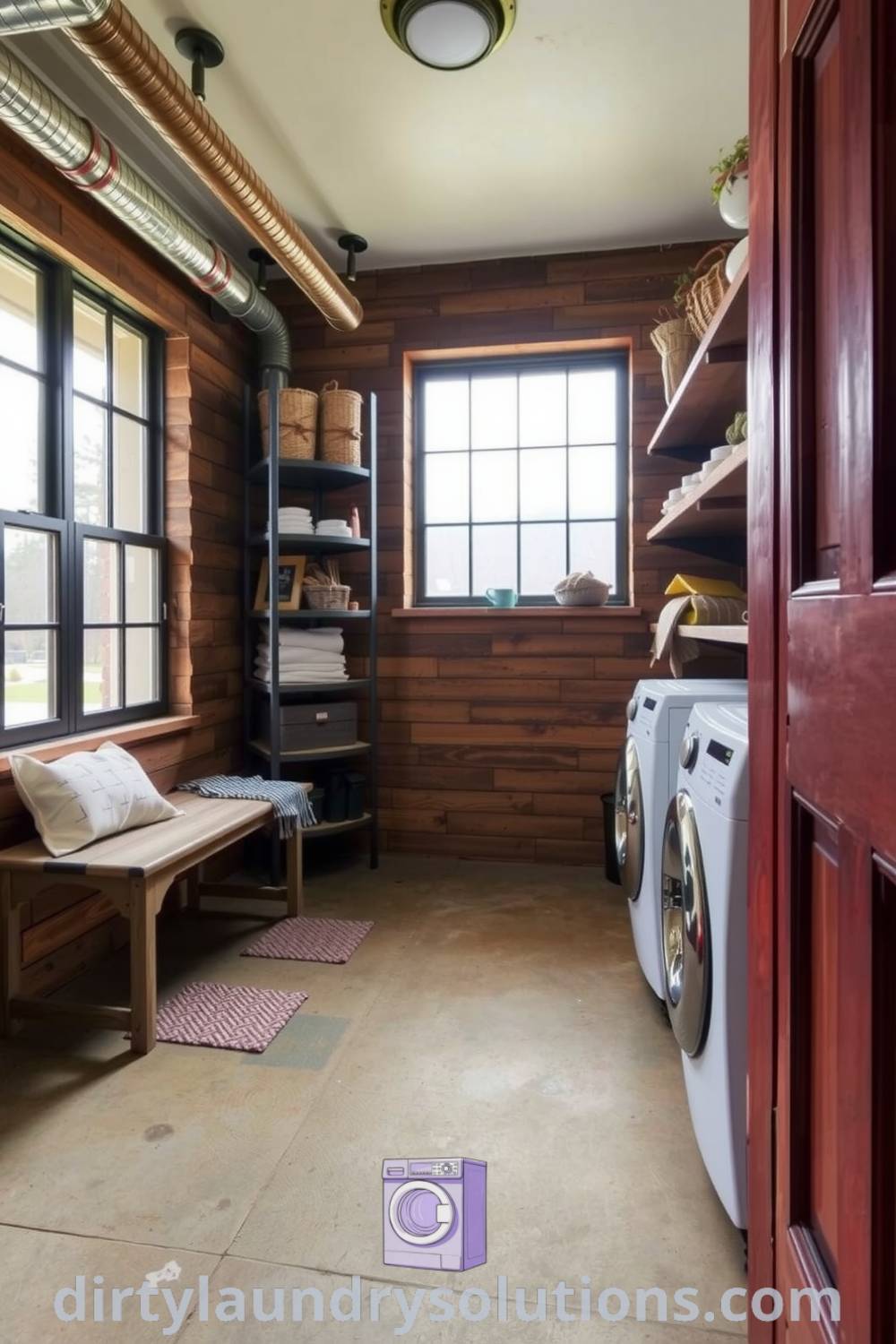 Cozy industrial mudroom laundry with exposed piping, reclaimed wood accents, sturdy shelving, and a weathered bench, creating a welcoming and efficient space. Discover more inspiring ideas for your home at dirtylaundrysolutions.com.