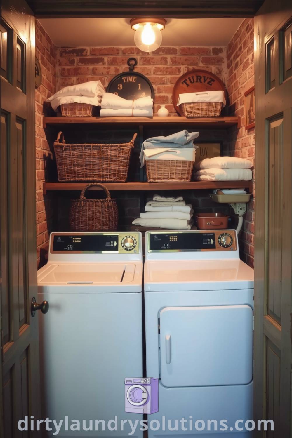 Cozy laundry retreat with exposed brick walls, classic washer and dryer, neatly folded linens on mismatched shelves, creating an inviting atmosphere for small spaces. Explore unique ideas and organization solutions for your home at dirtylaundrysolutions.com.