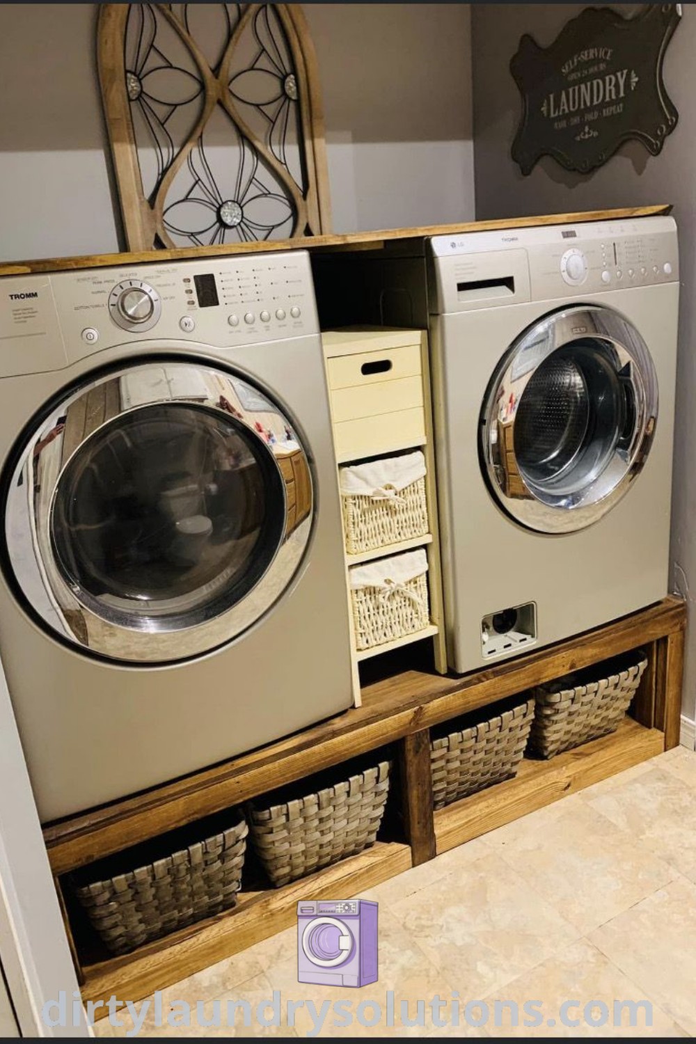 A cozy laundry room showcasing a washer and dryer with two baskets on the floor, embodying functional design and aesthetic appeal. Discover affordable laundry room makeover ideas and inspiring solutions for small spaces at dirtylaundrysolutions.com.