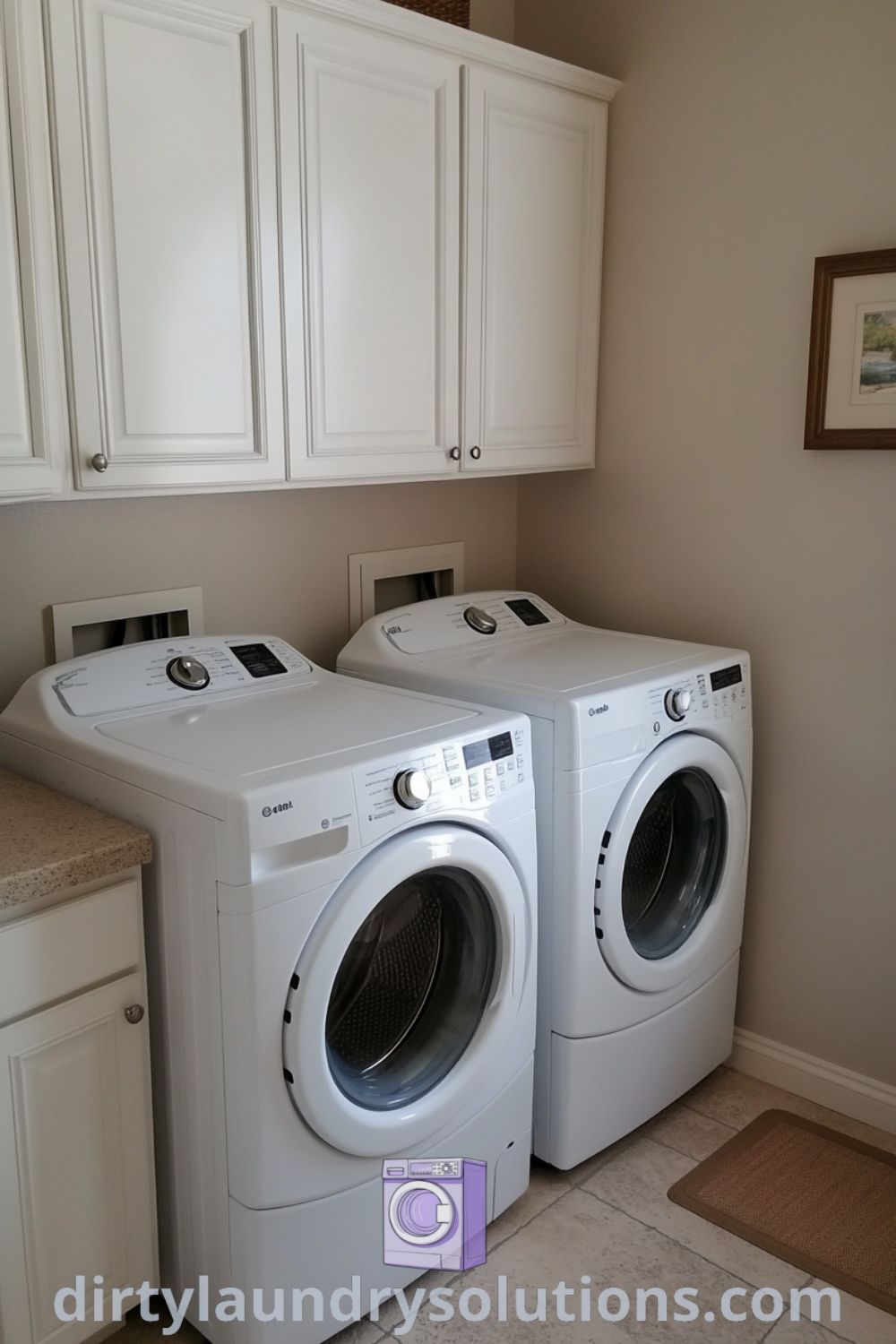 Cozy laundry room featuring white cabinets, a washer and dryer, and soft natural light illuminating the space, offering inspiring ideas for small spaces and organization. Discover unique solutions for your home at dirtylaundrysolutions.com.
