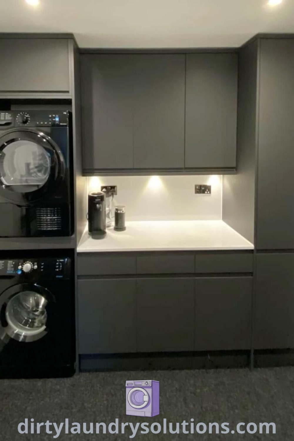 A modern utility room featuring black and grey design elements, optimized for small spaces with smart organization ideas. Discover cozy aesthetics and functional solutions at dirtylaundrysolutions.com.