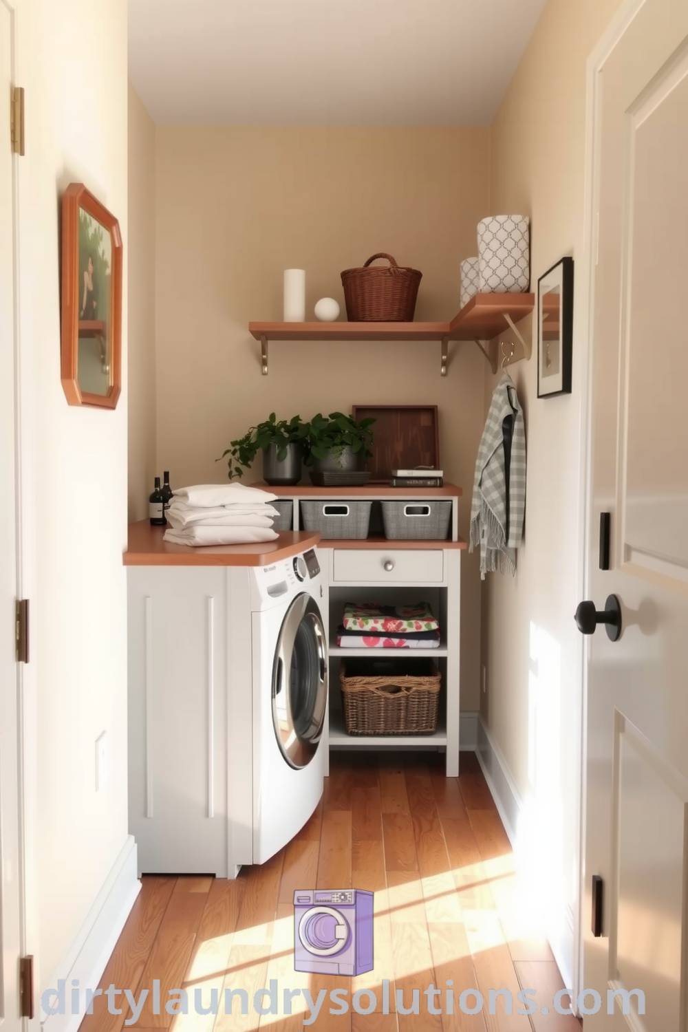 Cozy hallway laundry featuring soft hues, textured walls, sturdy countertop, organized baskets, and warm lighting, creating an inviting and practical space. Discover unique ideas and solutions for your home at dirtylaundrysolutions.com.