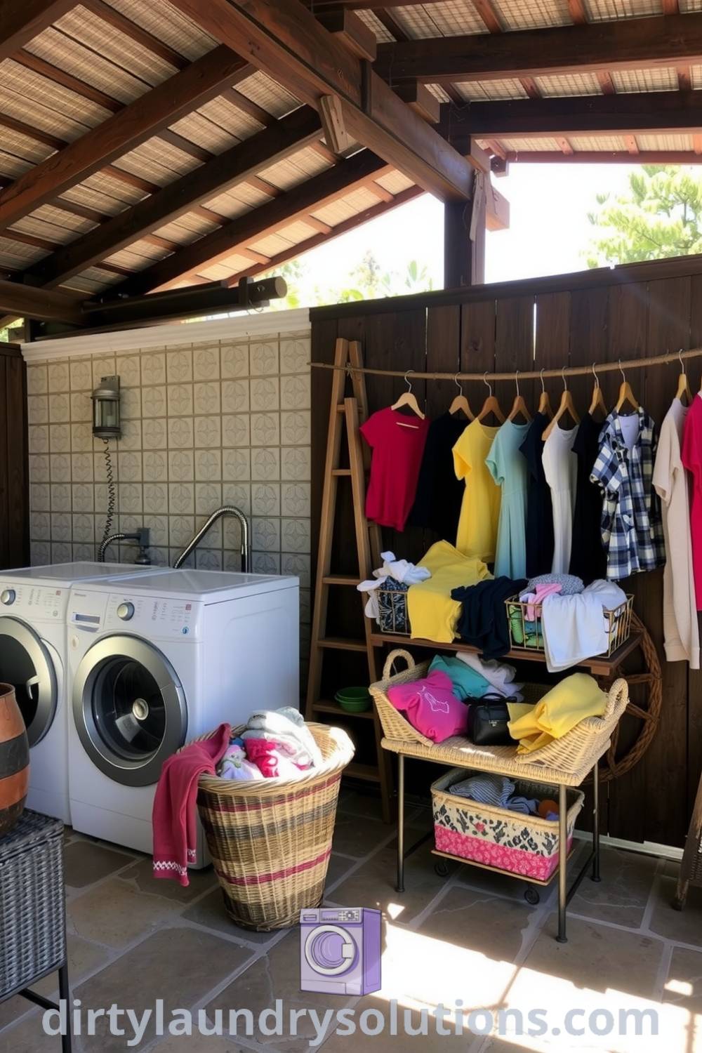 Cozy covered patio laundry with rustic wooden beams, stone tiles, vibrant clothes drying, and baskets of laundry, creating an inviting atmosphere perfect for relaxing and organizing. Discover inspiring ideas for your home at dirtylaundrysolutions.com.