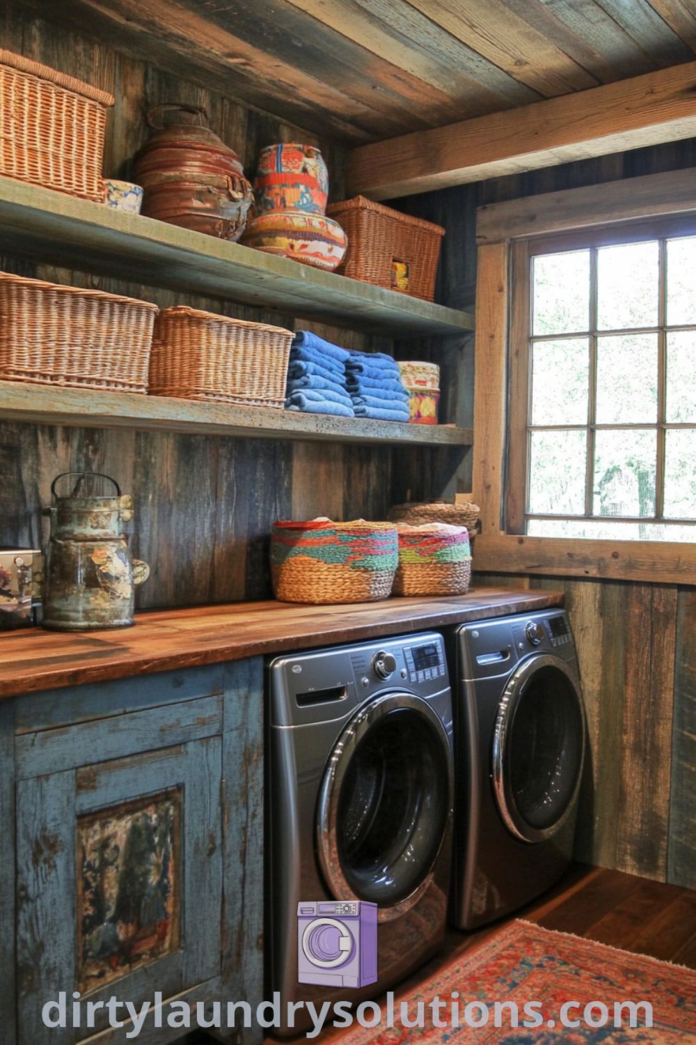 Cozy laundry room with reclaimed wood shelving, colorful fabric softeners, and organized baskets, creating an inviting atmosphere for everyday chores. Discover unique ideas for your home at dirtylaundrysolutions.com.