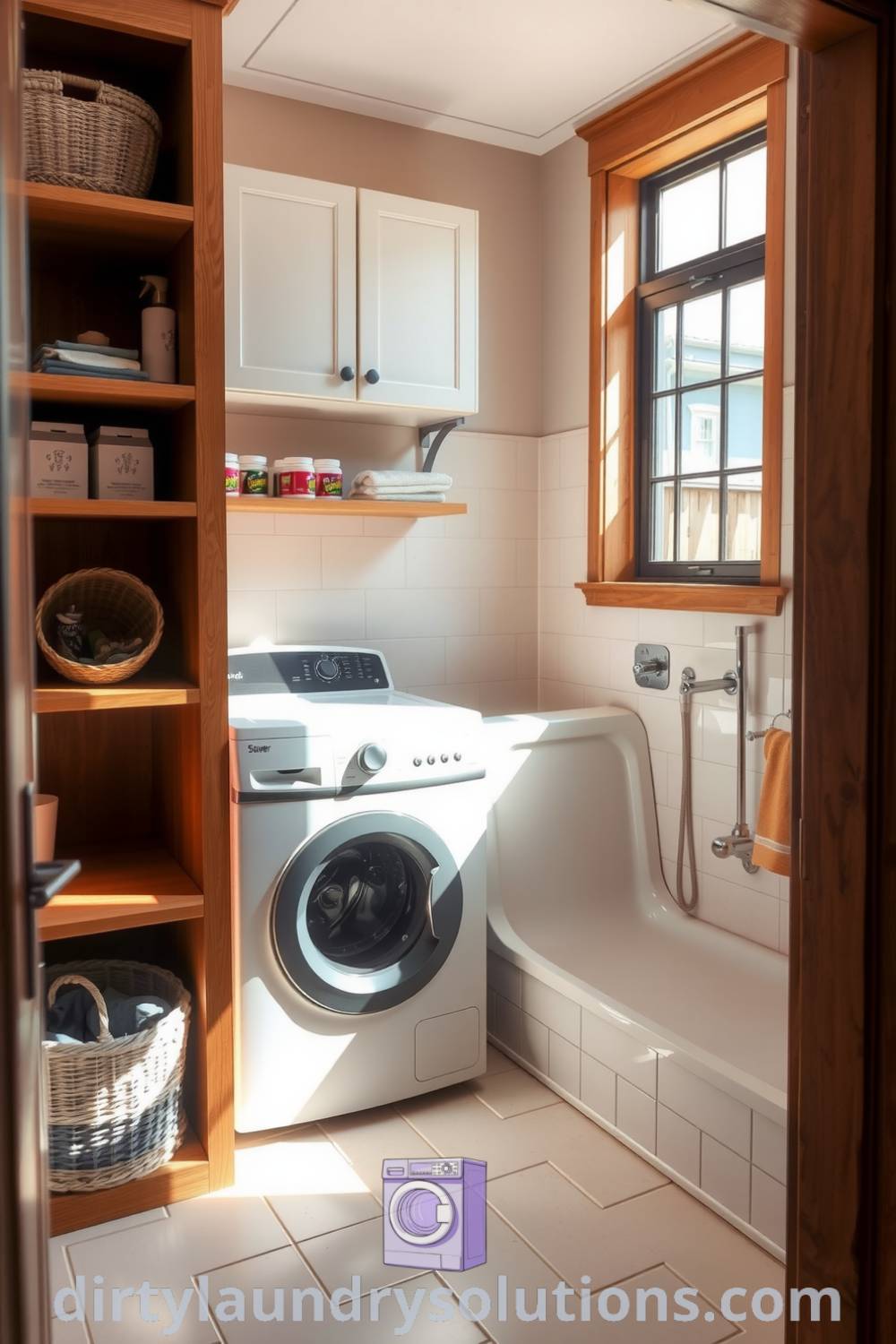 Cozy laundry area featuring a washer and dryer, pet shower station with smooth white tiles, and wooden shelves filled with organized supplies, creating a warm and inviting atmosphere. Explore more ideas for your home at dirtylaundrysolutions.com.