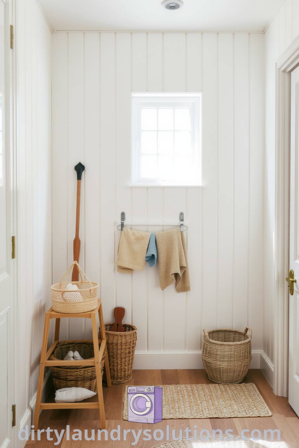 Scandinavian hallway laundry featuring pale wood paneling, a drying rack made of natural materials, and woven baskets for organization, showcasing serene simplicity and inviting design ideas for your home at dirtylaundrysolutions.com.