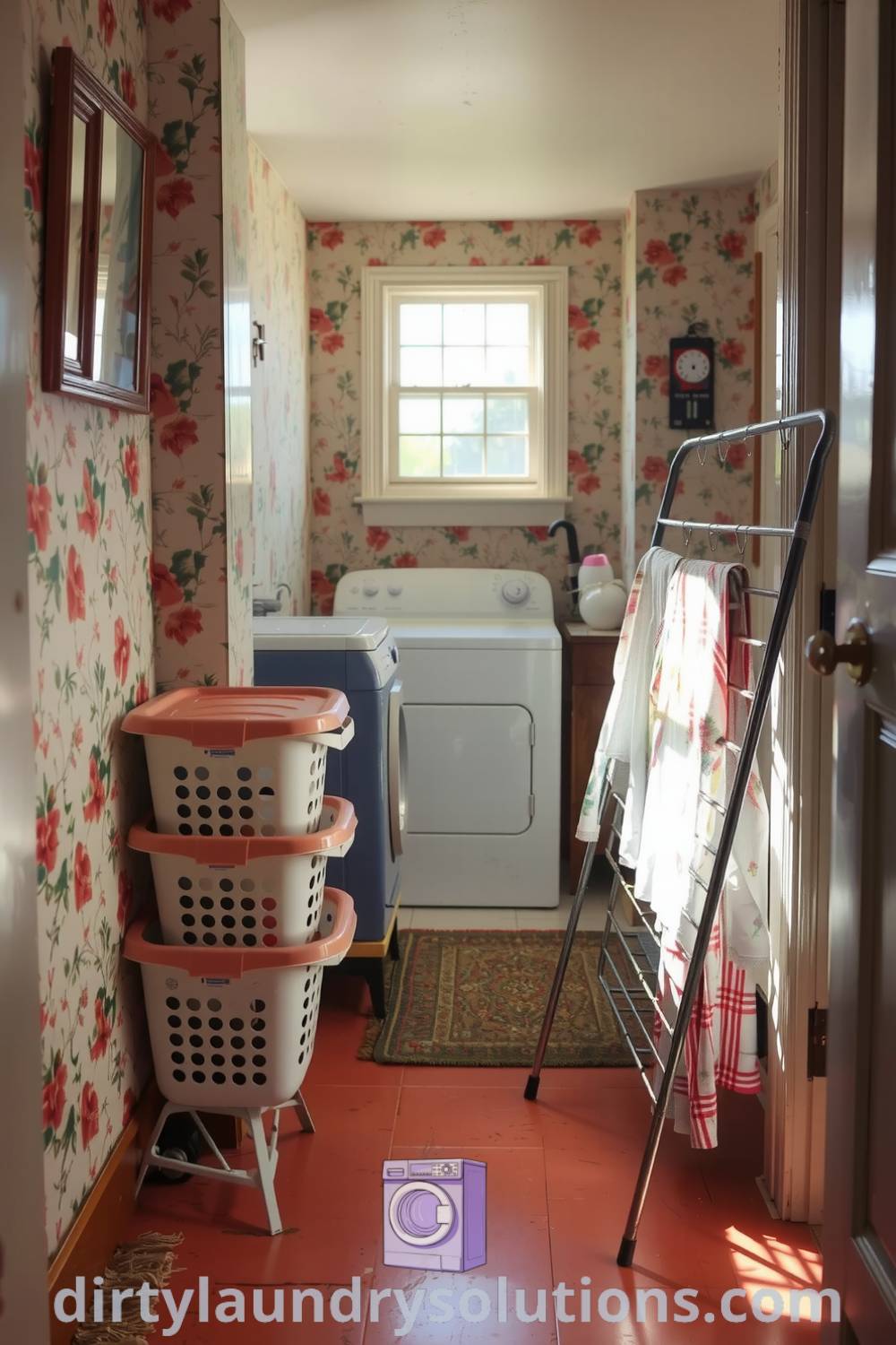 Cozy retro laundry room with faded floral wallpaper, mismatched baskets, and a vintage metal drying rack, filled with sunlight and character. Discover unique ideas for your home at dirtylaundrysolutions.com.