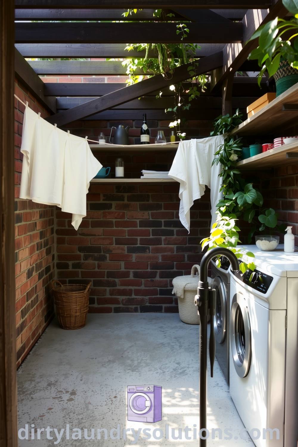Cozy backyard laundry with a sturdy washer and dryer against a brick wall, weathered wood shelving, and linens hanging in the breeze, creating a functional and inviting atmosphere. Discover more cozy ideas for your home at dirtylaundrysolutions.com.