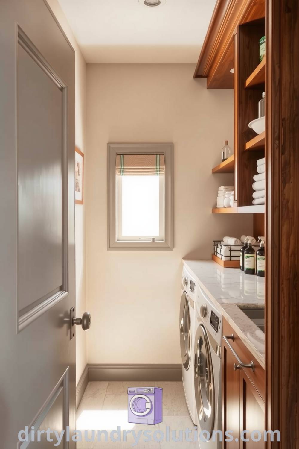 Elegant hidden laundry space featuring smooth stone countertops, warm wood cabinetry, organized shelves, and soft natural light, combining luxury and practicality in a serene atmosphere. Explore unique ideas for your home at dirtylaundrysolutions.com.