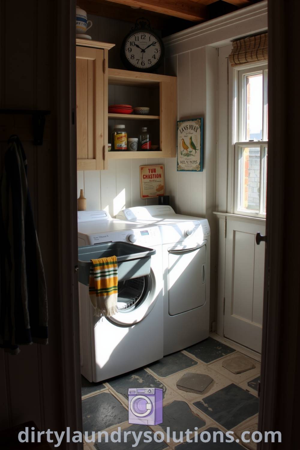Charming cottage laundry area featuring weathered wooden cabinetry, compact washer and dryer, vintage supplies, and a sunlit stone floor, creating a cozy aesthetic. Explore unique ideas and cozy designs at dirtylaundrysolutions.com.