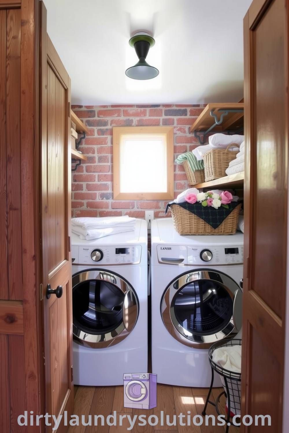 Cozy laundry nook with rustic wooden cabinetry, exposed brick wall, and vintage baskets, blending functionality and charm for unique ideas in small spaces. Explore inspiring designs at dirtylaundrysolutions.com.
