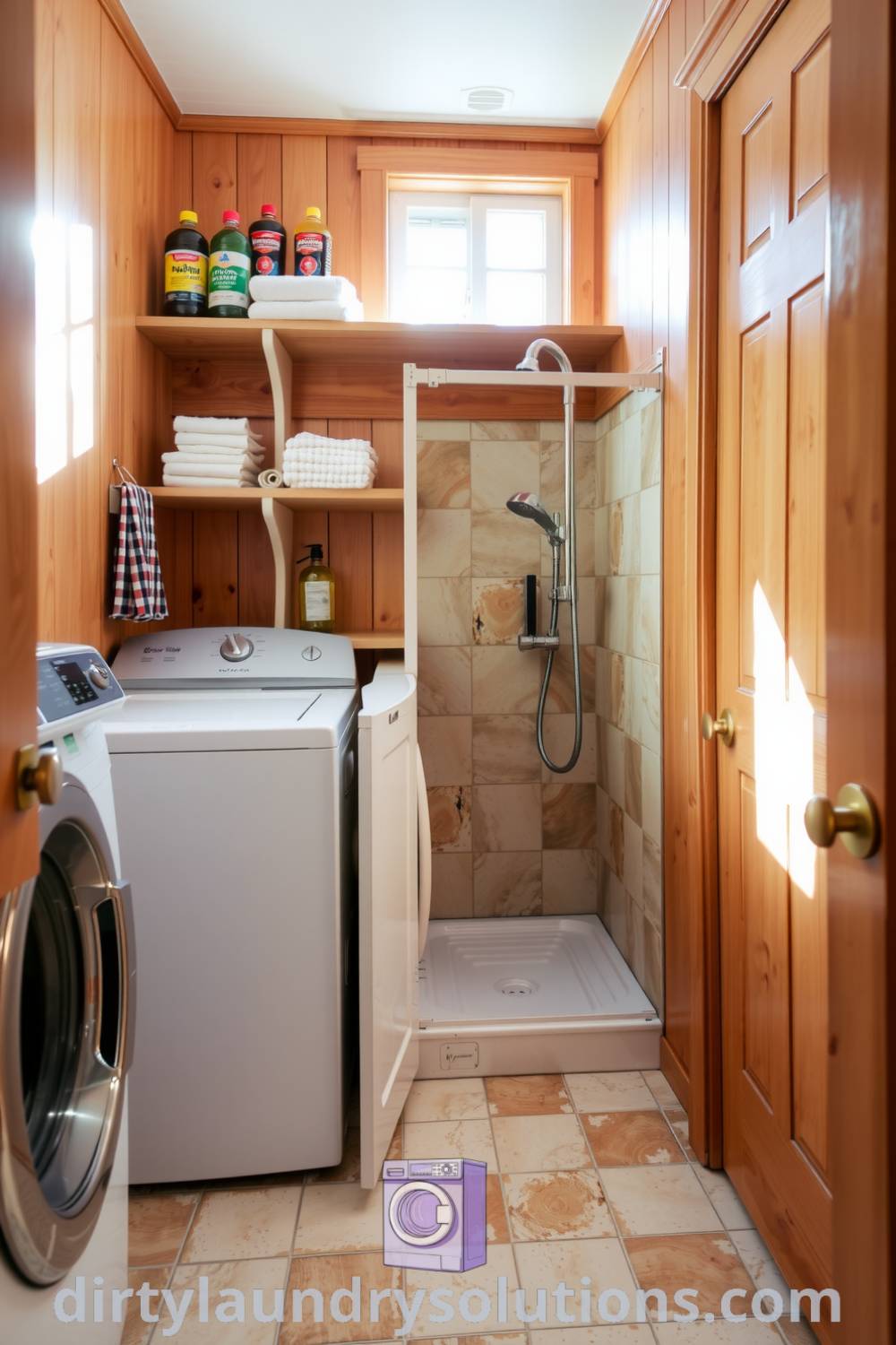 Cozy laundry room featuring a washer and dryer, a pet wash area, warm wood accents, colorful shelves, and sunlight-drenched tile floor, providing inspiring design ideas for small spaces and busy homes. Discover more unique ideas for your home at dirtylaundrysolutions.com.