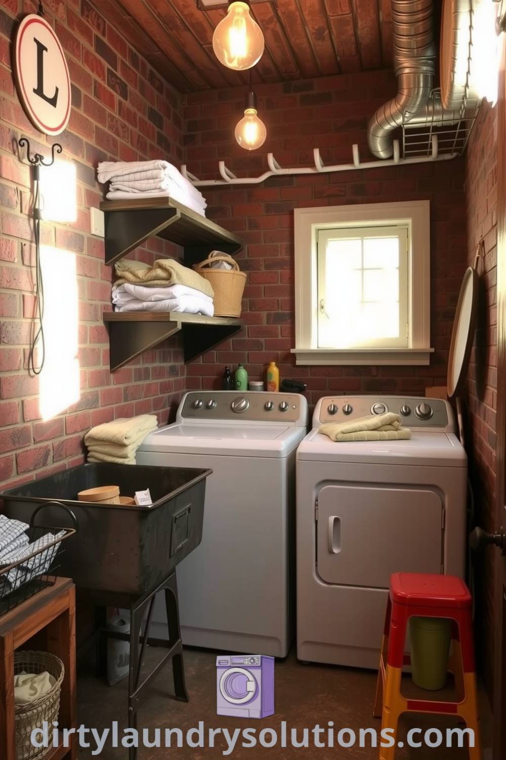 Rustic basement laundry with exposed brick walls, weathered wooden shelving, a vintage wash basin, and cozy lighting, combining functionality and charm. Explore cozy ideas for your home at dirtylaundrysolutions.com.