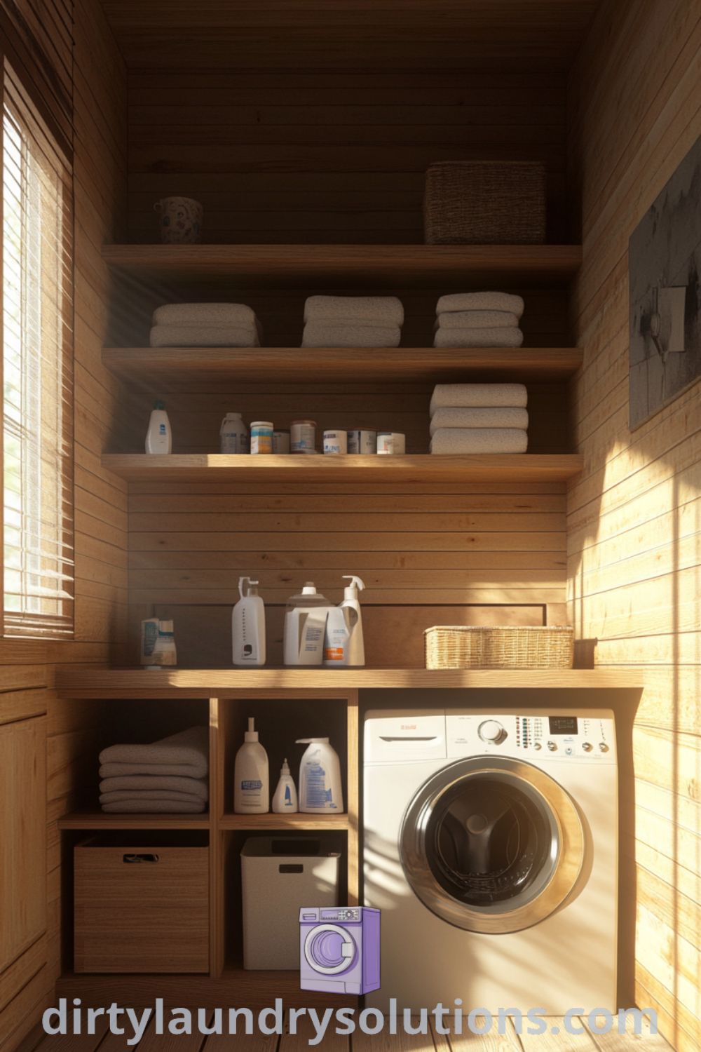 Modern washer and dryer in a bright laundry room with honey-toned wood shelving, organized supplies, and personal mementos creating an inviting atmosphere. Explore unique ideas for your home at dirtylaundrysolutions.com.