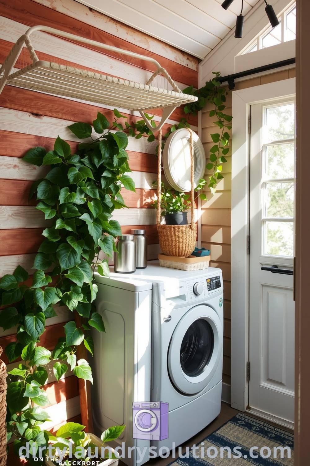 Back porch laundry space with weathered wood siding, sturdy washers, vibrant green ivy, and a vintage drying rack, creating a cozy aesthetic for your home. Discover inspiring ideas for small spaces at dirtylaundrysolutions.com.