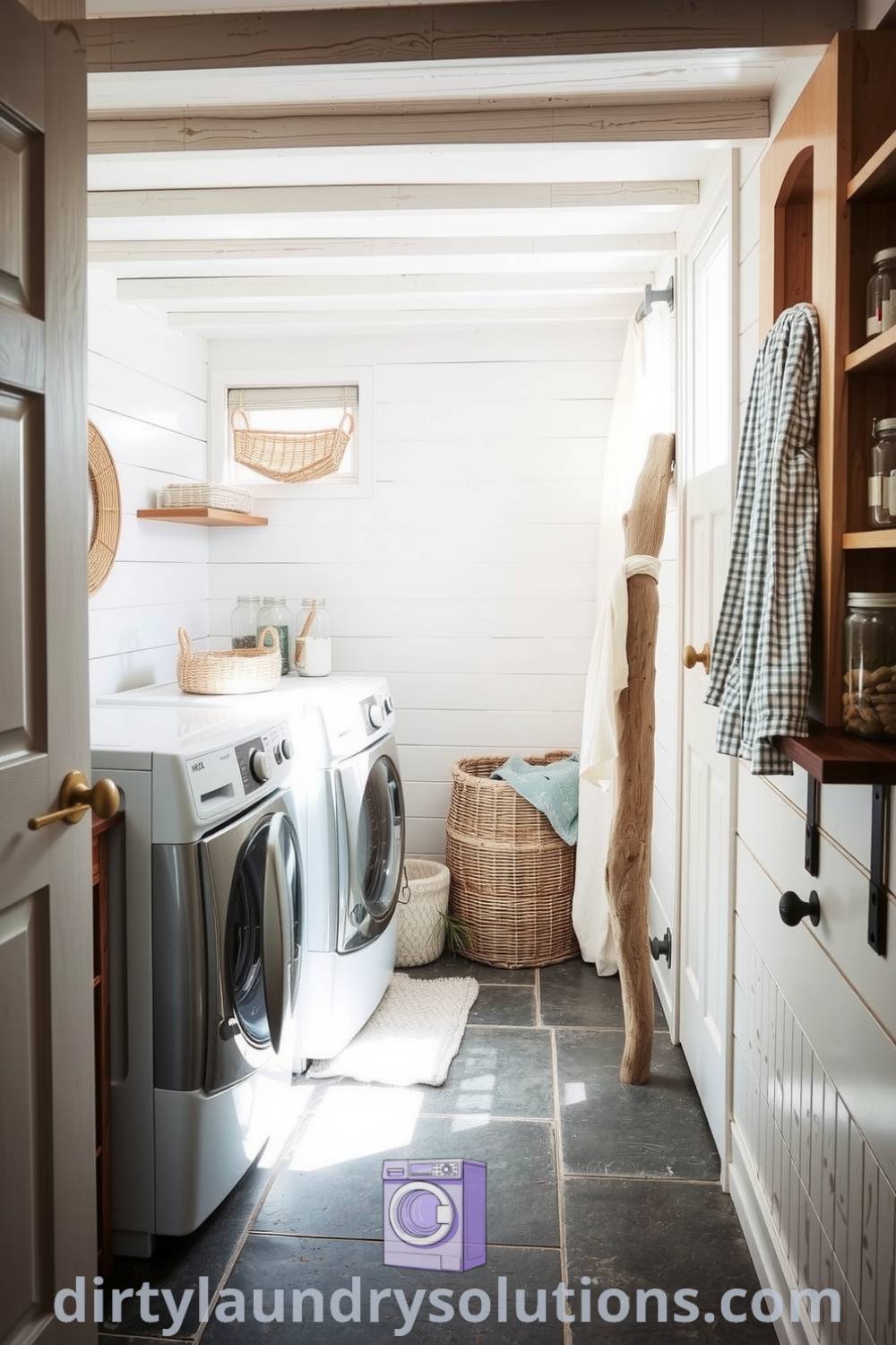 Cozy coastal basement laundry with whitewashed shiplap walls, slate floor, organic cotton curtains, and natural fiber baskets, offering practical organization and a relaxed atmosphere. Explore more ideas for your home at dirtylaundrysolutions.com.