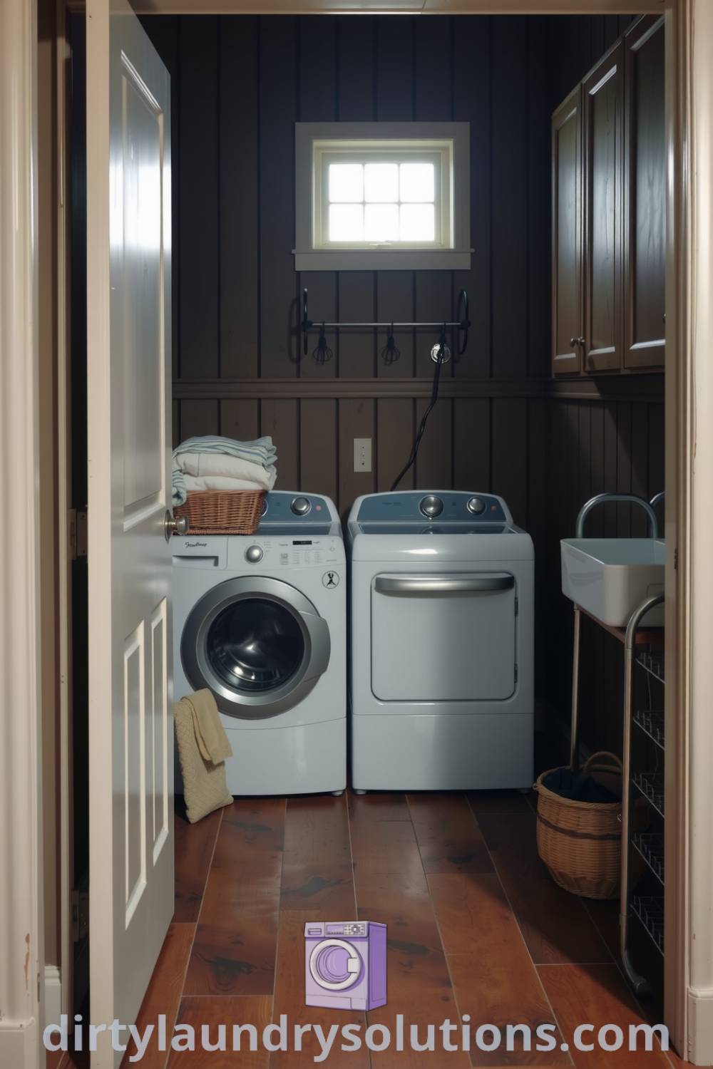 Vintage-style laundry area with weathered wood paneling, vintage washer and dryer, woven baskets, and soft ambient light, creating a cozy and inviting space for everyday tasks. Discover more unique ideas for your home at dirtylaundrysolutions.com.