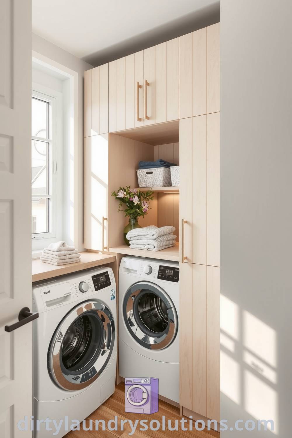Cozy laundry nook featuring Scandinavian design with light wood cabinetry, compact folding countertop, and natural light, creating a serene space for organization and efficiency. Discover inspiring ideas for your home at dirtylaundrysolutions.com.