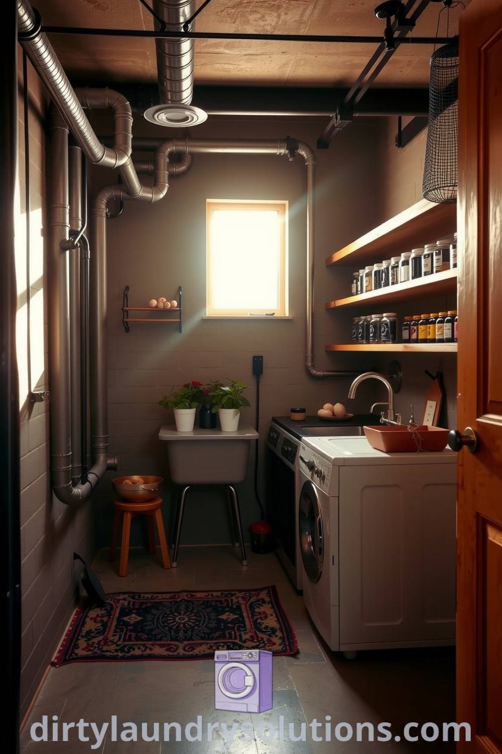 Cozy industrial mudroom laundry featuring exposed metal pipes, concrete floors, wooden shelves with organized jars, a large utility sink and warm light, creating a unique design for small spaces. Discover inspiring ideas for your home at dirtylaundrysolutions.com.